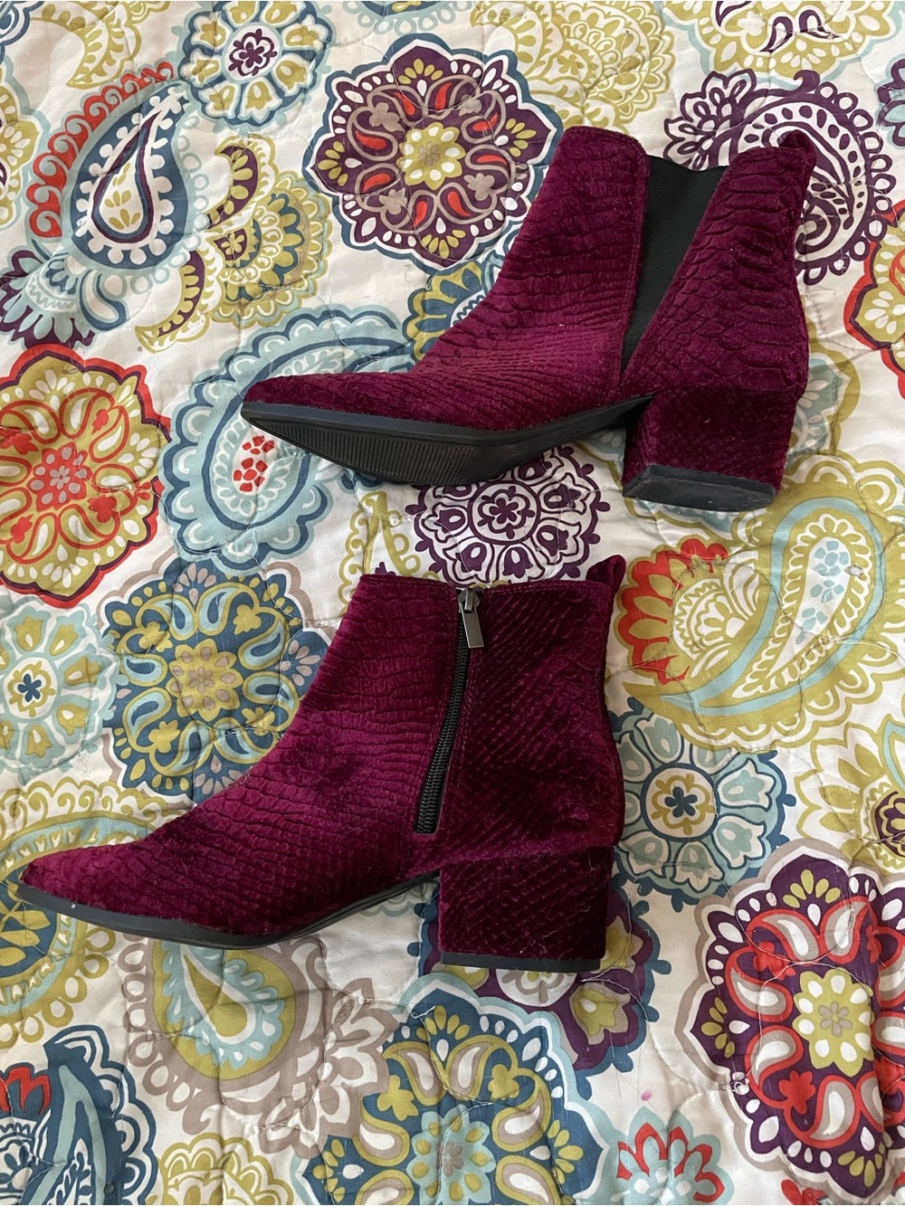 Scoop NYC Wine Velvet Ankle Booties with Block Heel
